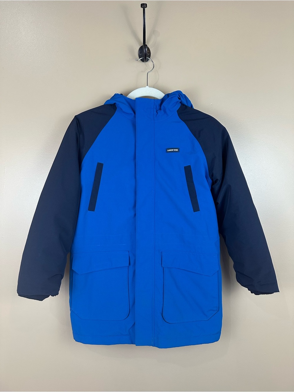 Lands End Boys L 10-12 Blue Squall Parka Waterproof Windproof Grow-A-Long Coat